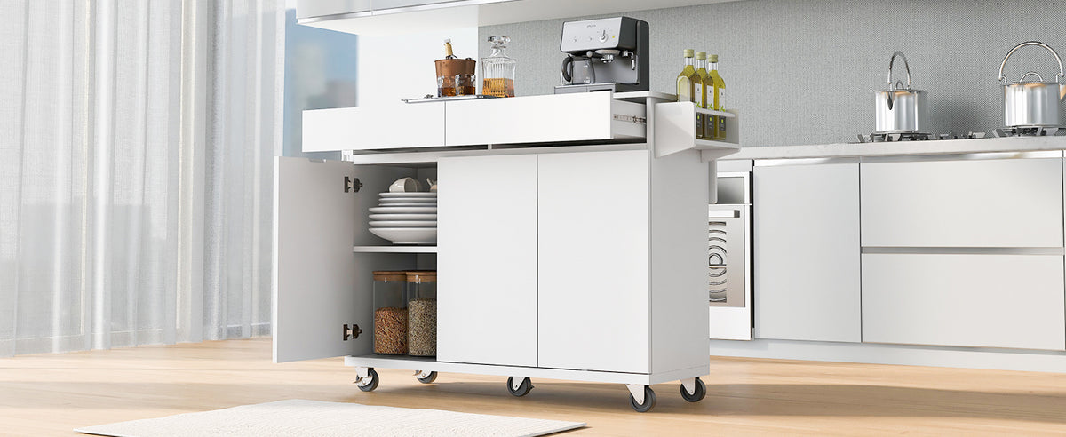 K&K 53.2''Kitchen Island with Drop Leaf, Kitchen Storage Cart with Spice Rack, Towel Rack and 2 Drawers, Rolling Kitchen Island on Wheels with Adjustable Shelves for Kitchen, Dining Room, White N707P173041W-djyc