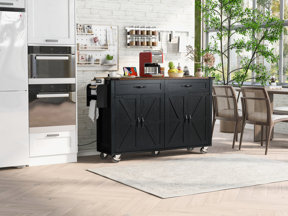 K&K 53.5''Farmhouse Kitchen Island with Power Outlet, Kitchen Storage Island with Drop Leaf, Spice Rack and Drawer, Rolling Kitchen Cart on Wheels, for Home, Kitchen and Dining Room, Black N707P170348B-djyc