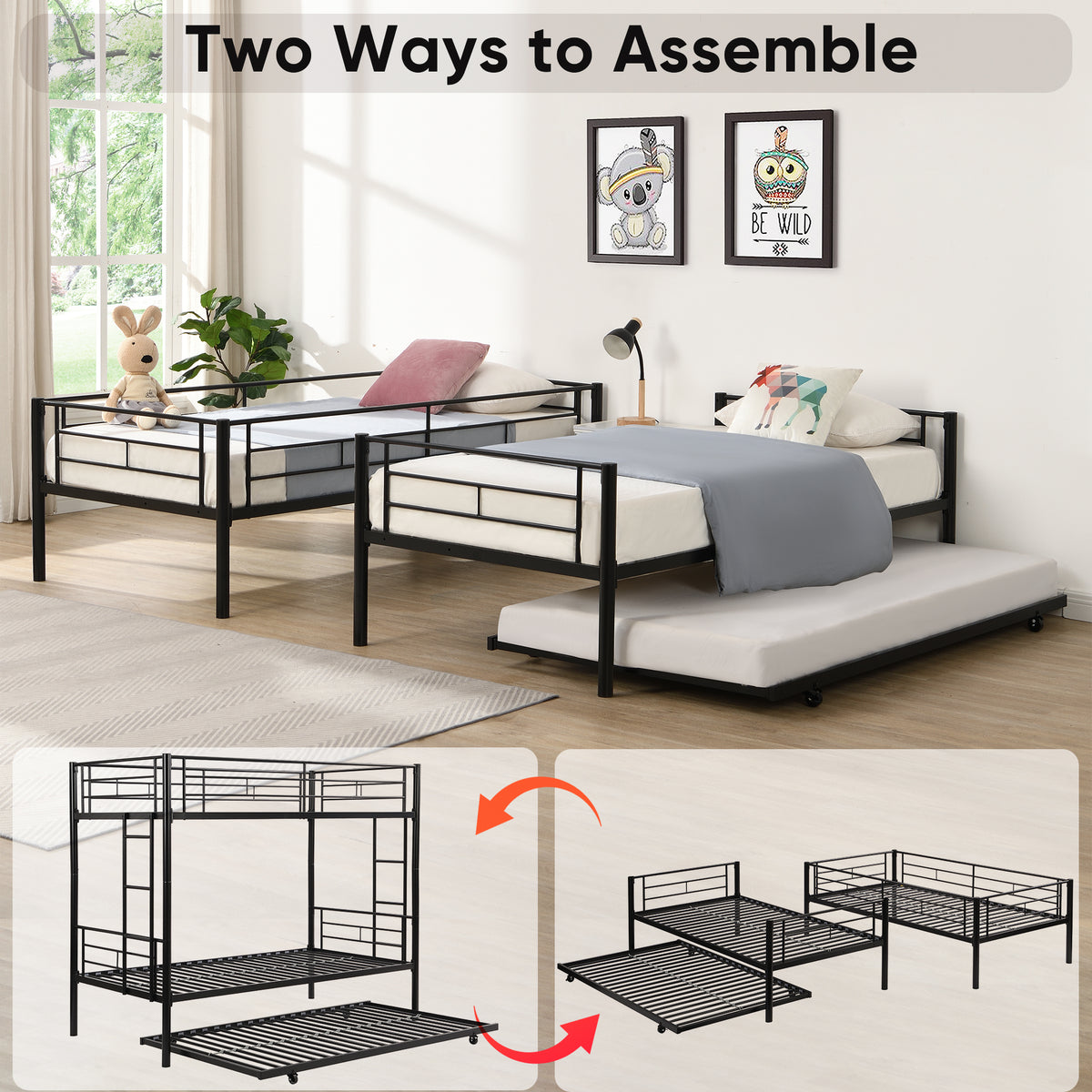 Over Twin Bunk Bed Frame with Trundle,Metal Bunkbed with Sturdy Guard Rail and 2 sideLadders for Kids/Adults,Can be Divided Into Two Beds, No Box Spring Needed, Noise Free for Dorm,Black W1916115338-djyc