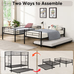 Over Twin Bunk Bed Frame with Trundle,Metal Bunkbed with Sturdy Guard Rail and 2 sideLadders for Kids/Adults,Can be Divided Into Two Beds, No Box Spring Needed, Noise Free for Dorm,Black W1916115338-djyc