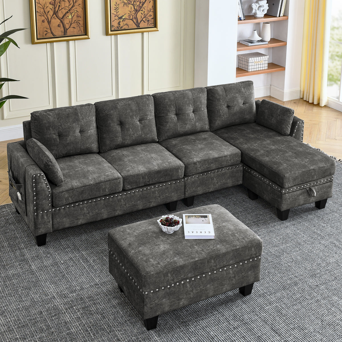 Sectional 3-Seaters Sofa ,Double-sided multi-functional footstool, storage mat , Non-slip leg, two pillows, Velvet, Dark grey W487S00236-djyc