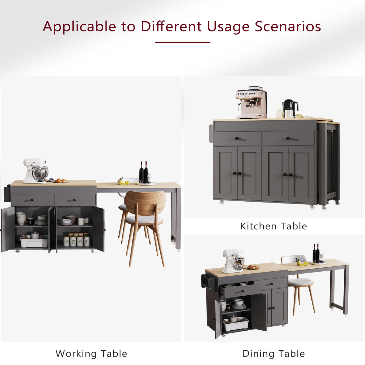 K&K 74.5 inch Kitchen Island with Extendable Dining Table , Rolling Kitchen Island on Wheels with Spice Rack and 2 Drawers,Kitchen Storage Cart with 4 Door Cabinet, for Kitchen, Dining Room, Grey N707S000009G-djyc