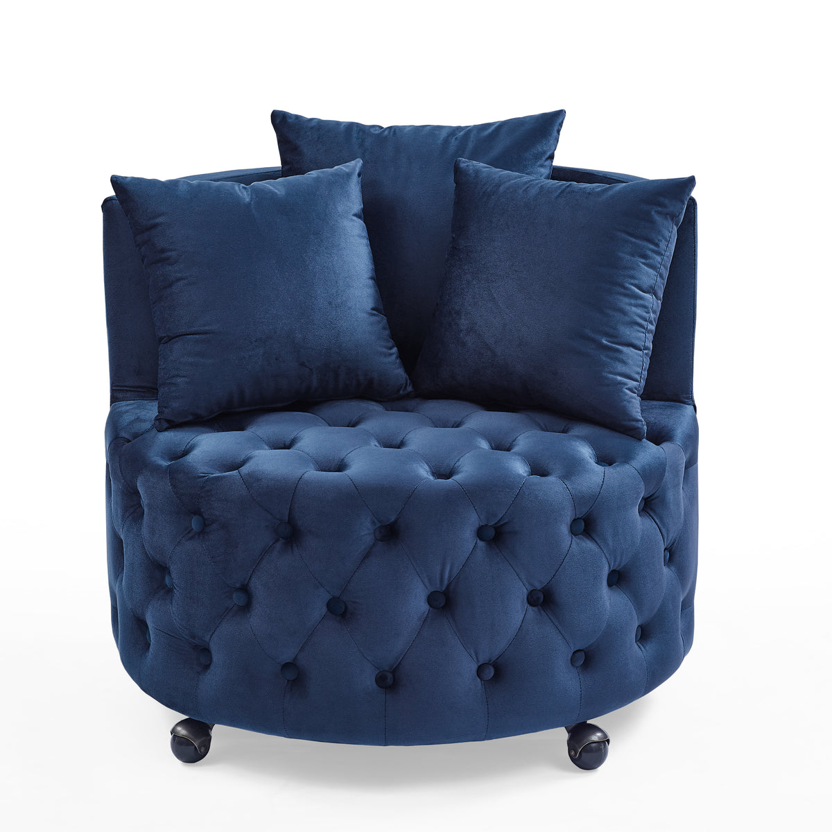 Velvet Upholstered Swivel Chair for Living Room, with Button Tufted Design and Movable Wheels, Including 3 Pillows, Blue W487124835-djyc