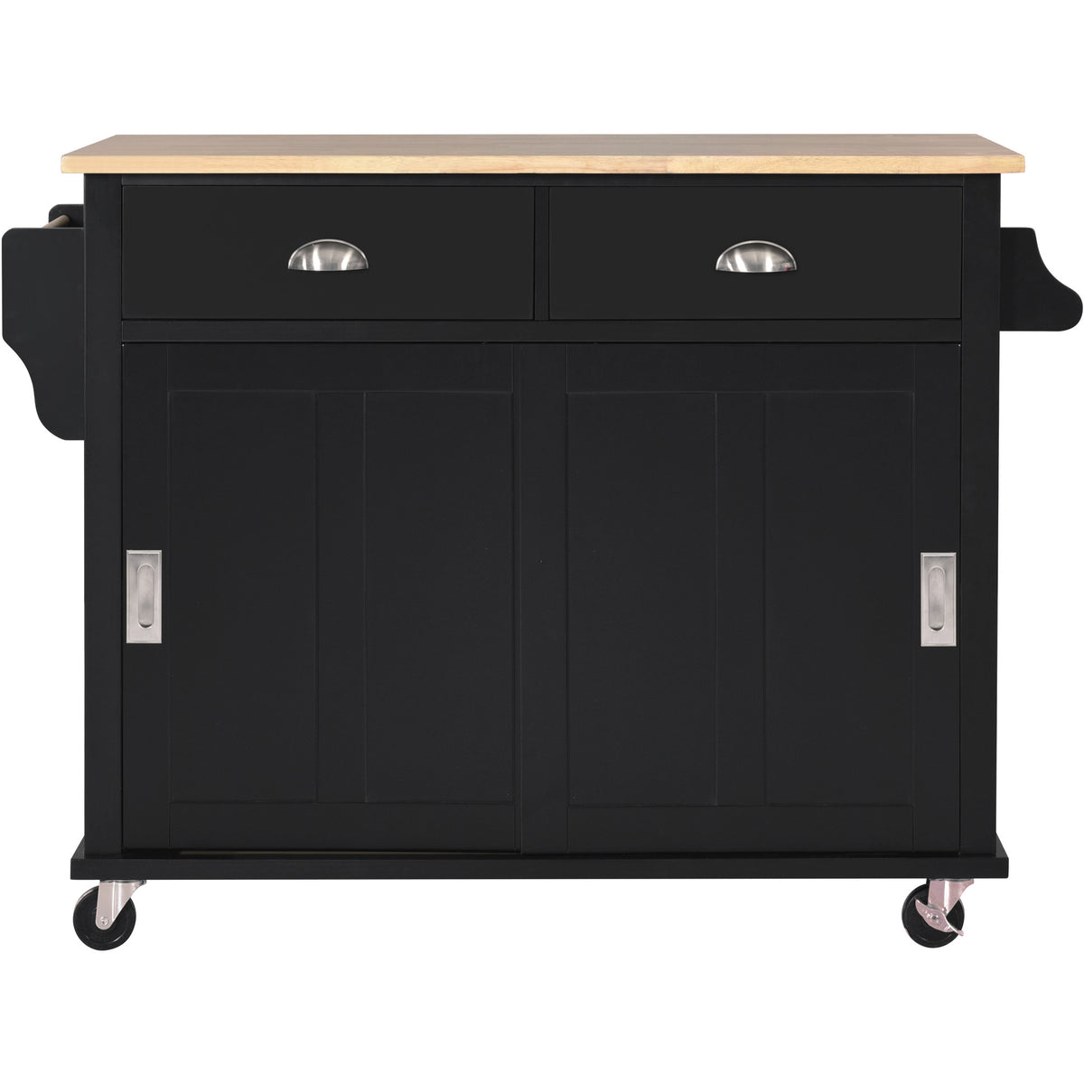 Kitchen Cart with Rubber wood Drop-Leaf Countertop, Concealed sliding barn door adjustable height,Kitchen Island on 4 Wheels with Storage Cabinet and 2 Drawers,L52.2xW30.5xH36.6 inch, Black SK000001AAB-djyc