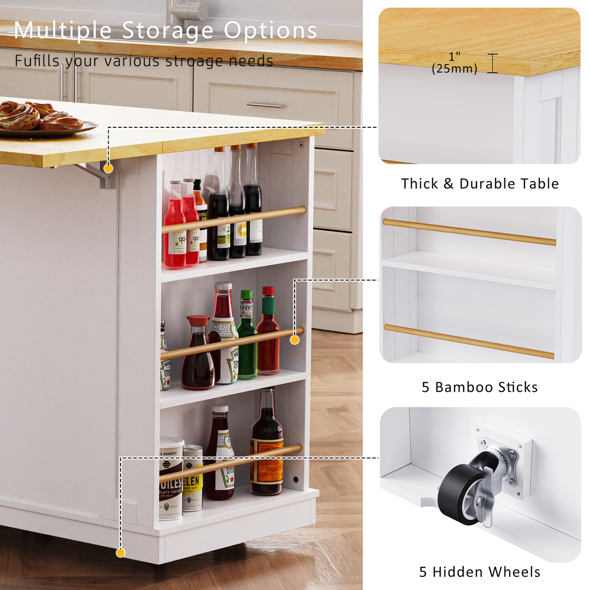 K&K 53inch Large Kitchen Island with Drop Leaf, Power Outlet, Door Internal Storage Rack, Rolling Kitchen Cart on 5 Wheels with 5 Open Side Racks for Kitchen, Dining Room,White(Not include bar stools) N707P185531W-djyc