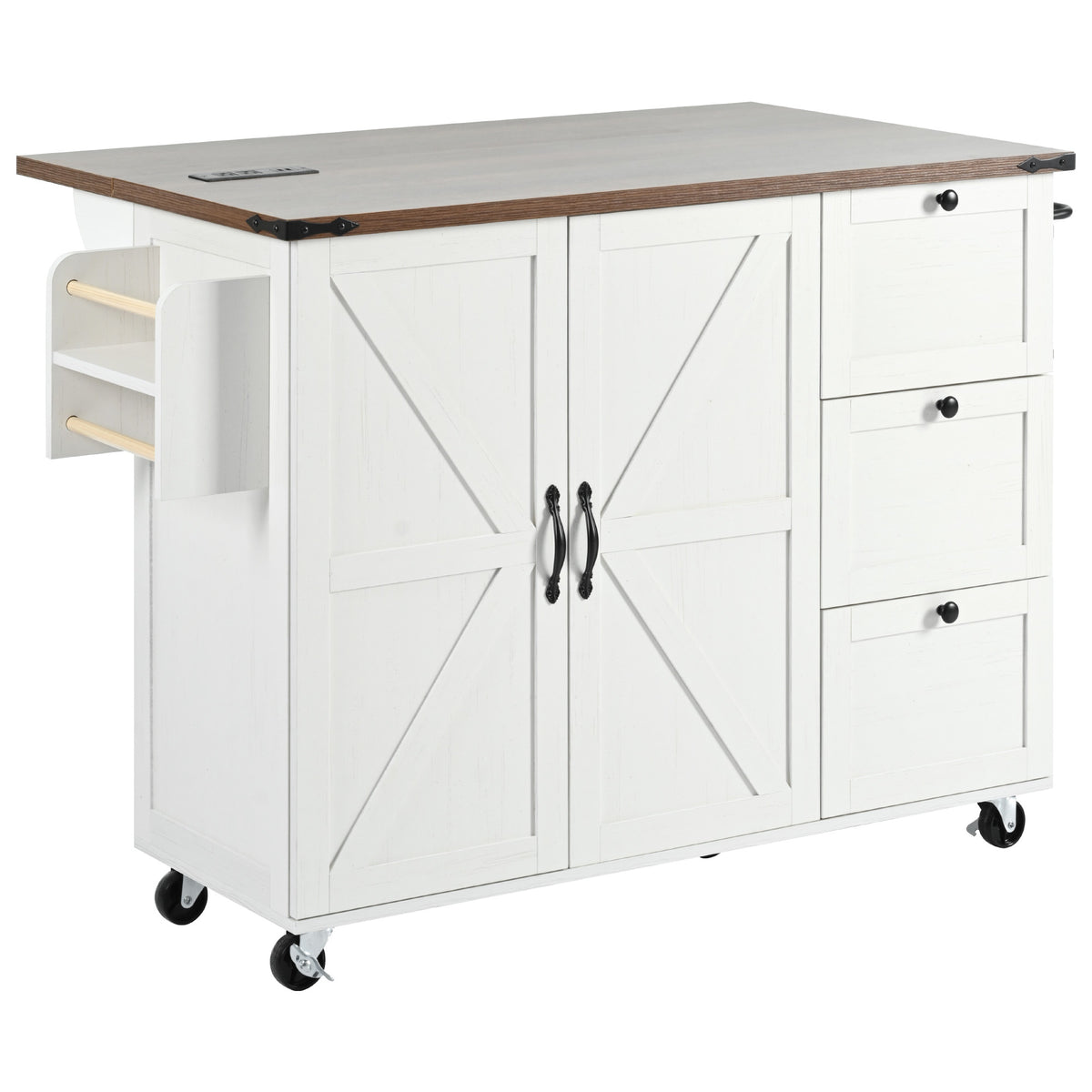 K&K 54.5" Farmhouse Kitchen Island with Power Outlet, Kitchen Storage Islandwith Internal Storage Rack, Drop Leaf, Spice Rack, Rolling Kitchen Cart on Wheels, for Home, Kitchen and Dining Room,White N707P170349W-djyc