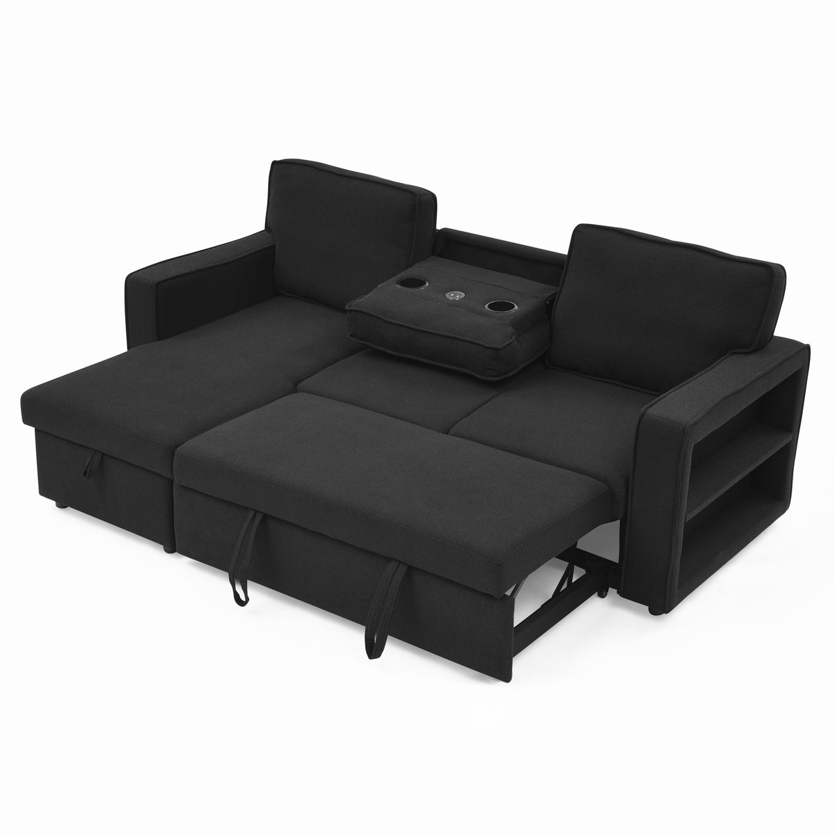 Linen Upholstered Sleeper Sectional Sofa, Shaped Modular Convertible Sofa with Storage Chaise,There are two cup holders in the middle and USB multi-interface function,Pull Out Sleep Couch Bed ,Black W487S00246-djyc