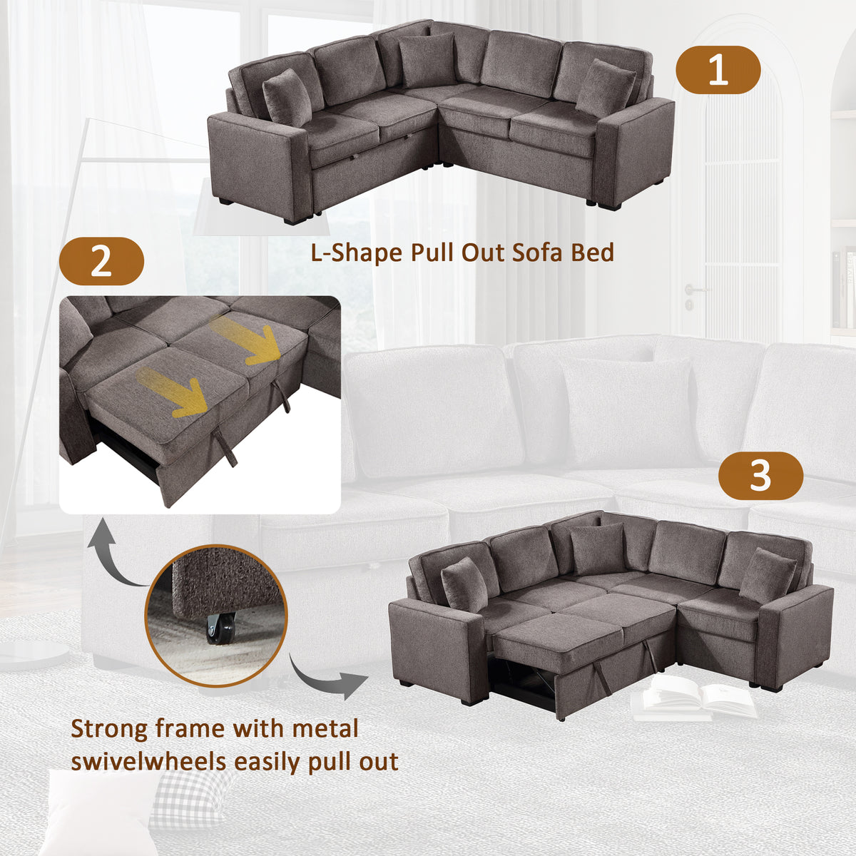 Modular Sofa, Sectional Couch L Shaped Sofa Couch with Pullout Sleeper, 5 Seat Chenille Corner Sofa for Living Room, 3 Pillows Included, Light Brown W1998S00053-djyc