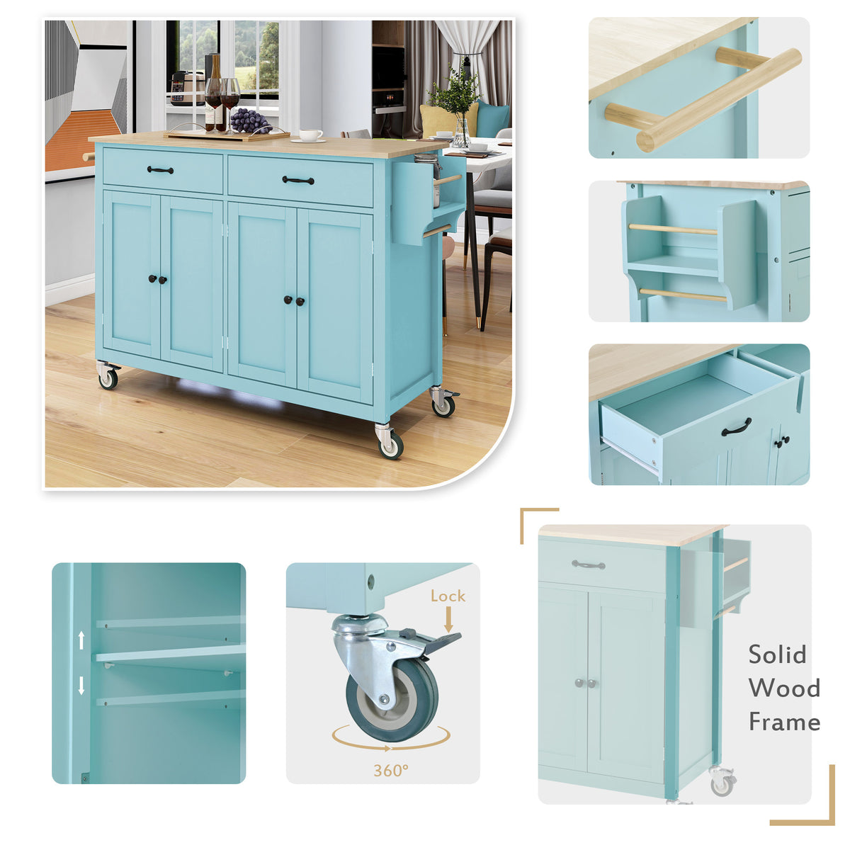 Kitchen Island Cart with 4 Door Cabinet and Two Drawers and 2 Locking Wheels - Solid Wood Top, Adjustable Shelves, Spice & Towel Rack(Mint Green) WF286911AAN-djyc