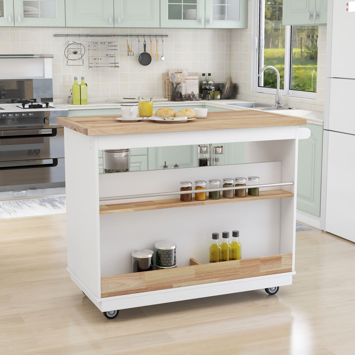 Rolling Kitchen Island with Storage, Two-sided Kitchen island Cart on Wheels with RubberWood Top,Wine and Spice Rack, Large Kitchen Cart with 2 Drawers, 3 Open Compartments, White WF318964AAW-djyc