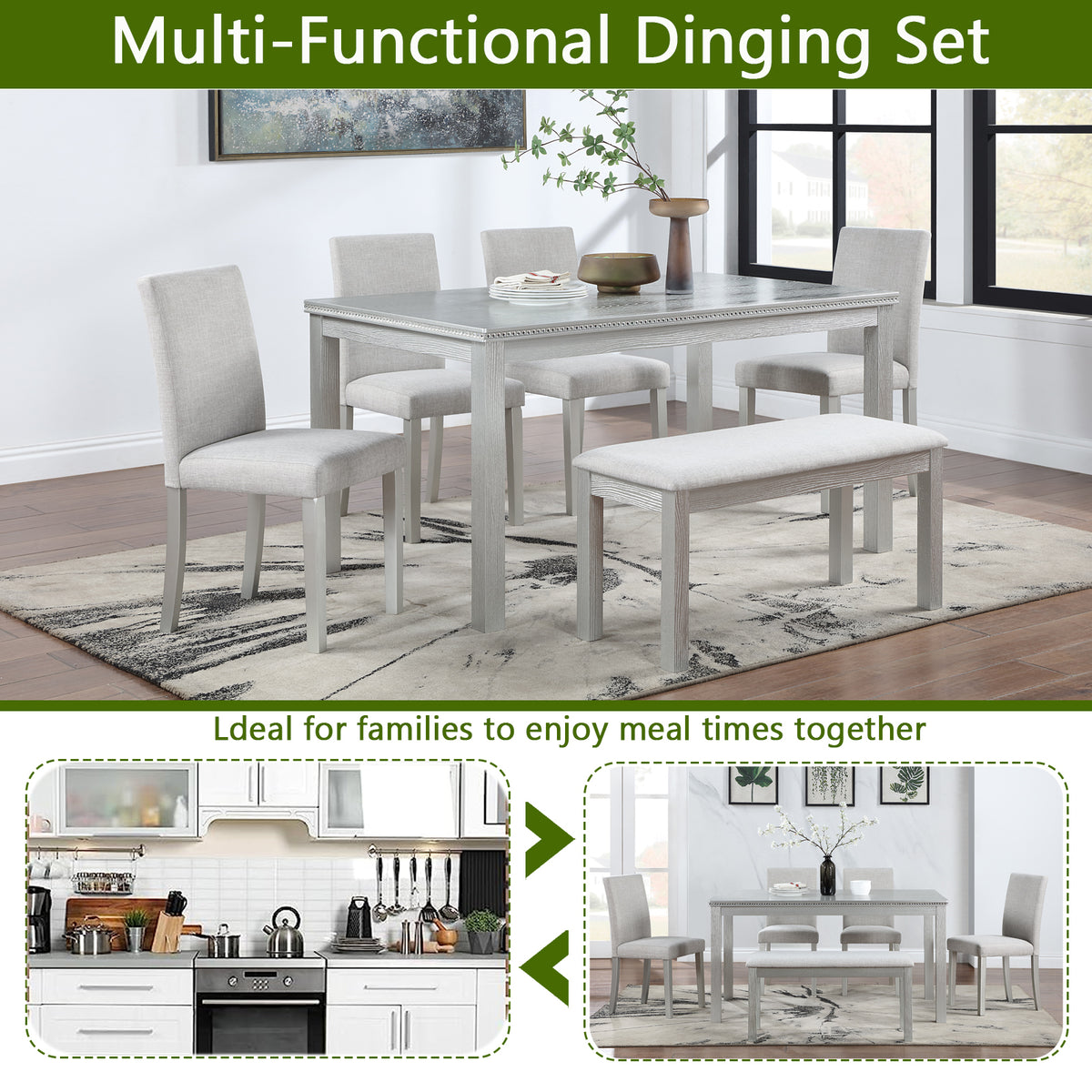 Wooden Dining Rectangular Table with Bench, Kitchen Table with Bench for Small Space, 6 Person Dining Table, Silver grey W1998S00045-djyc