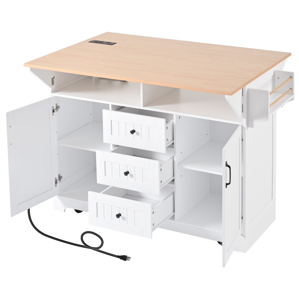 K&K 55.7'' Large Kitchen Island with 2 Drop Leaf,, Rolling Kitchen Cart on 5 Wheels with Power Outlet, Folding Storage Dining Table with Spice & Towel Rack , 3 Drawers, for Kitchen, Dining Room,White N707P186617W-djyc