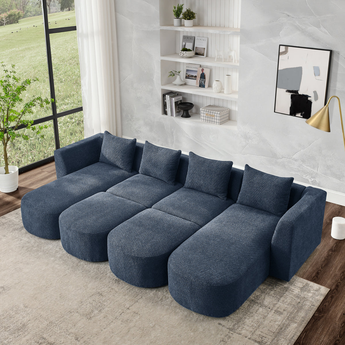 U Shape Sectional Sofa including Two Single Seat, Two Chaises and Two Ottomans, Modular Sofa, DIY Combination, Loop Yarn Fabric, Navy W487S00163-djyc