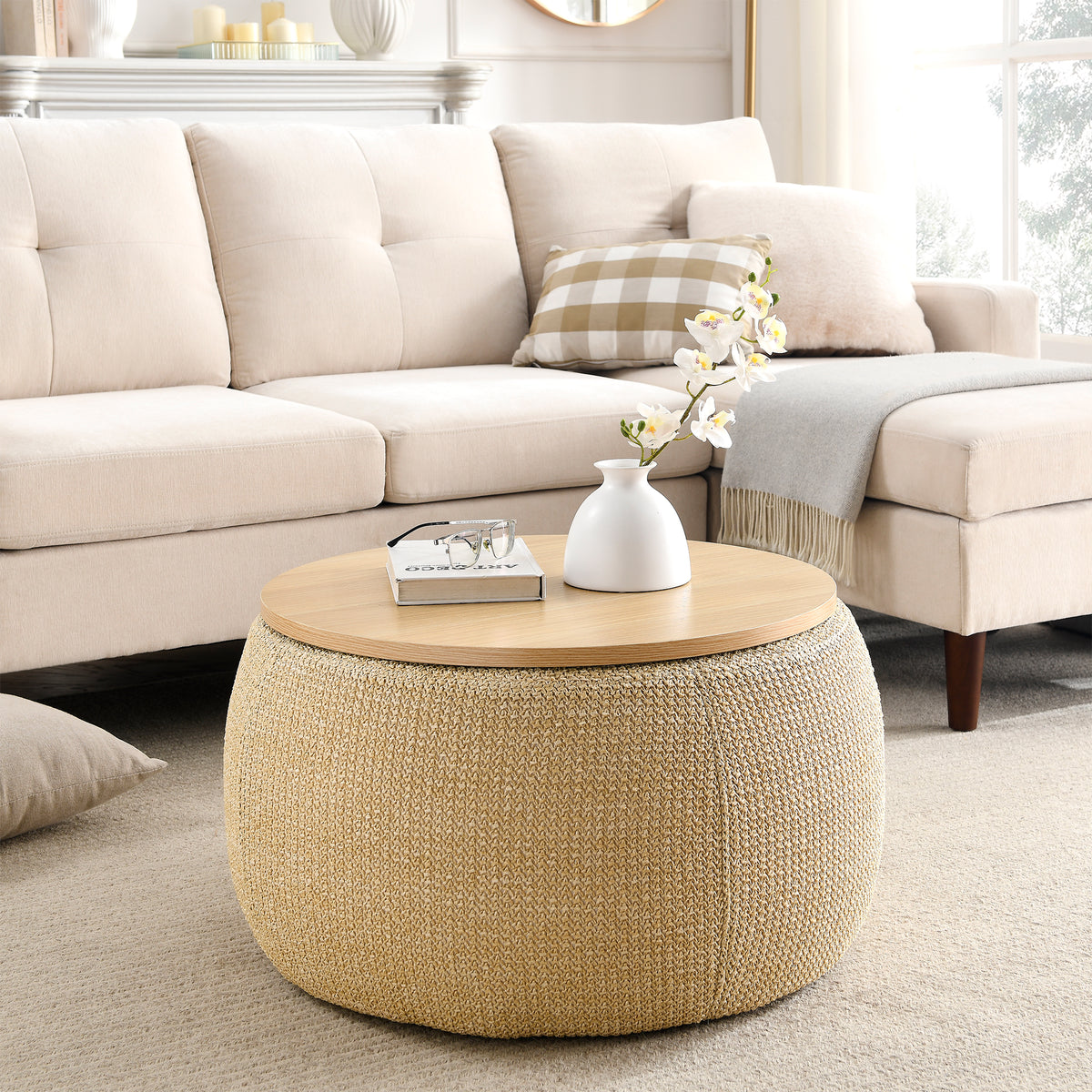 Round Storage Ottoman, 2 in 1 Function, Work as End table and Ottoman, Natural (25.5"x25.5"x14.5") W48762888-djyc