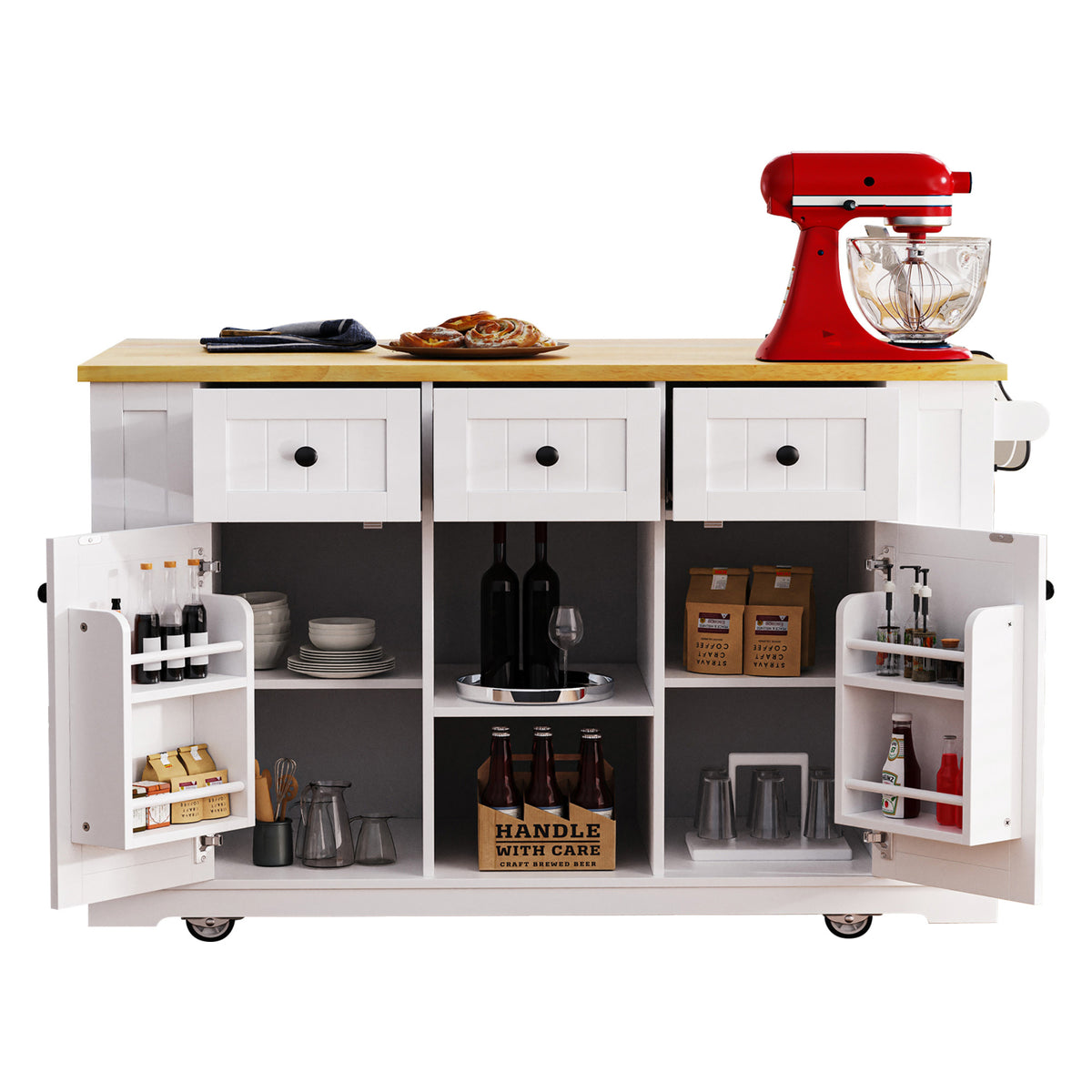 K&K 53inch Large Kitchen Island with Drop Leaf, Power Outlet, Door Internal Storage Rack, Rolling Kitchen Cart on 5 Wheels with 5 Open Side Racks for Kitchen, Dining Room,White(Not include bar stools) N707P185531W-djyc