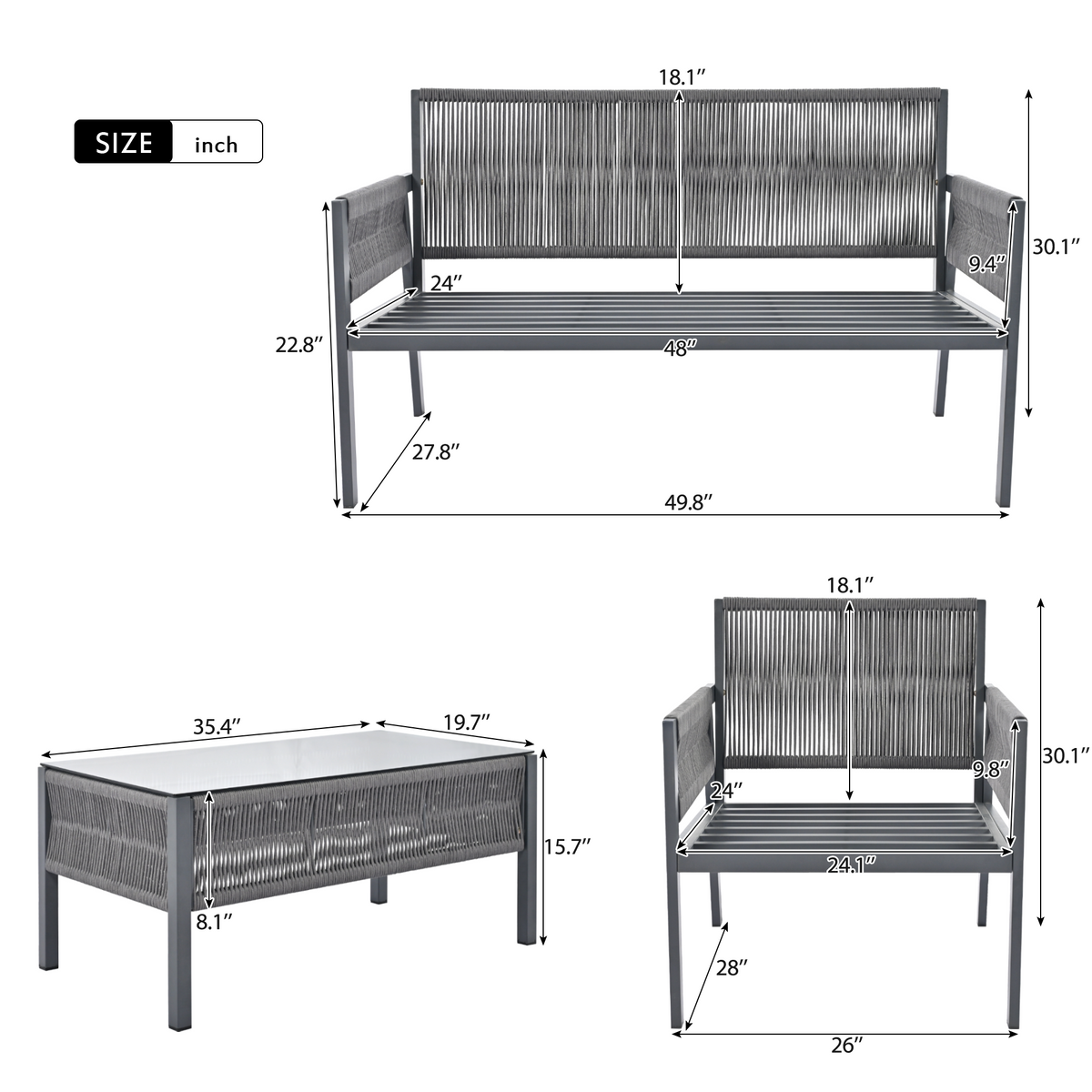 K&K 4-Piece Rope Patio Furniture Set, Outdoor Furniture with Tempered Glass Table, Patio Conversation Set Deep Seating with Thick Cushion for Backyard Porch Balcony (Grey) SK000003AAG-djyc