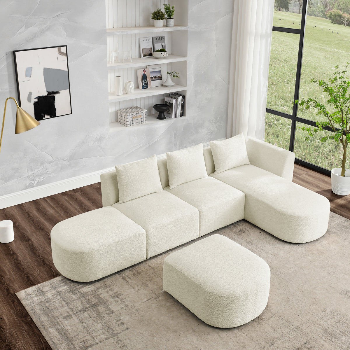 L Shape Sectional Sofa with Right Side Chaise and Ottoman, Modular Sofa, DIY Combination, Loop Yarn Fabric, Beige W487S00153-djyc