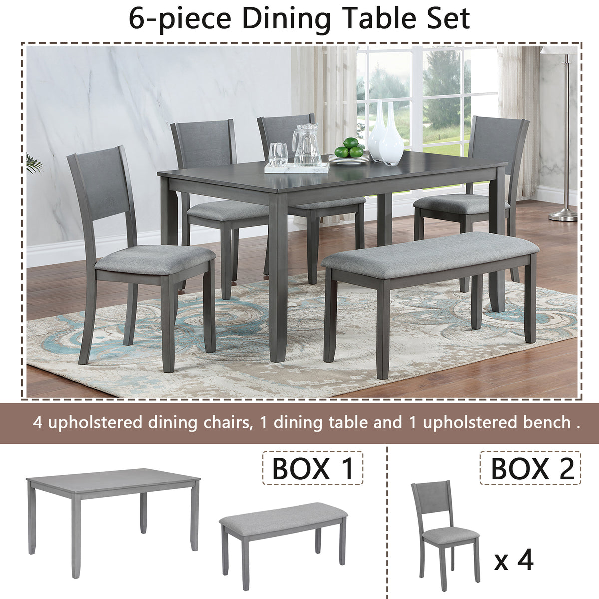 6 Piece Kitchen Dining Set, Rectangular Wooden Dining Table with 4 Upholstered Chairs and a Bench, Dining Table Set for 6 People, Living Room, Home Bar and Kitchen, Gray W1998S00054-djyc