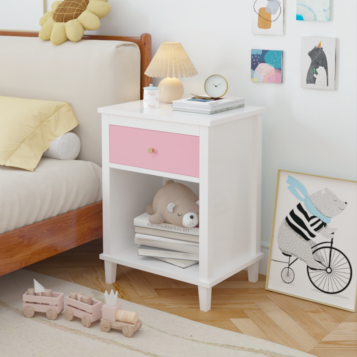 26.77''H Wooden Nightstand with One Drawer One Shelf for Kids, Adults, Pink W80859135-djyc