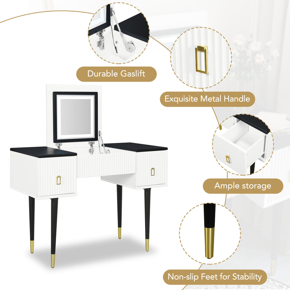 43.3" Modern Vanity Table Set with Flip-top Mirror and LED Light, Dressing Table with Customizable Storage, White and Black WF305842AAA-djyc