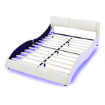 Queen Led Bed Frame Modern Faux Leather Upholstered Platform Bed Frame with RGB LED Lights and Headboard Wave Like Curve Low Profile Bed Frame,Wood Slats Support,Easy Assembly, White W487P169715-djyc