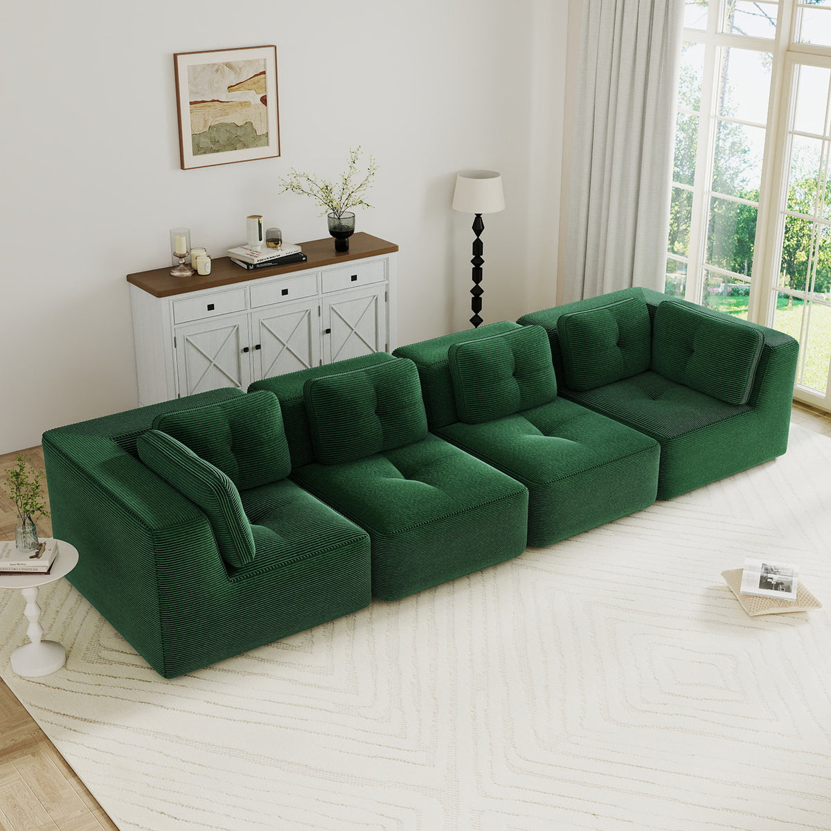 Modern Modular Sectional Sofa for Living Room, Corduroy Fabric, Oversized 4-Seaterwith Deep Seat , Pearl-like piping, Tufted Design, No Assembly, Anti-slip Design, Green-W714S01798