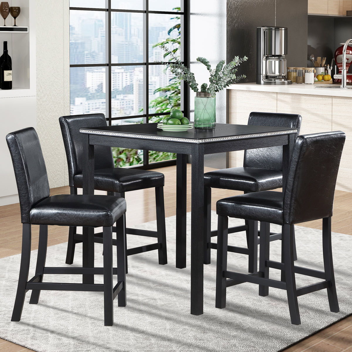 5 Piece Counter Height Table Set, Wooden Kitchen Table Set with Square Table and 4 Upholstered Chairs, Counter Height Dining Table with Crystal Decoration and Chair Set for Kitchen, Dining Room,Black W1998S00038-djyc