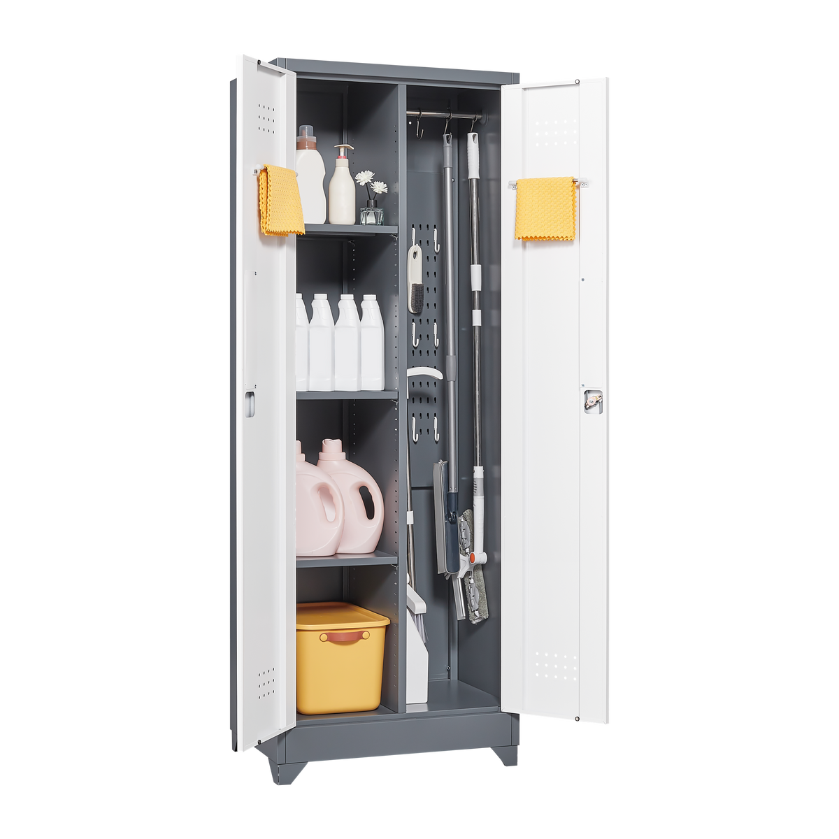 Metal Storage Cabinets, Cleaning Tool Cabinet with Locking Door, Tall Broom Tool Organizer and Storage, Large Storage Cabinet for Kitchen, Pantry, Office, Shop W328P193782-djyc