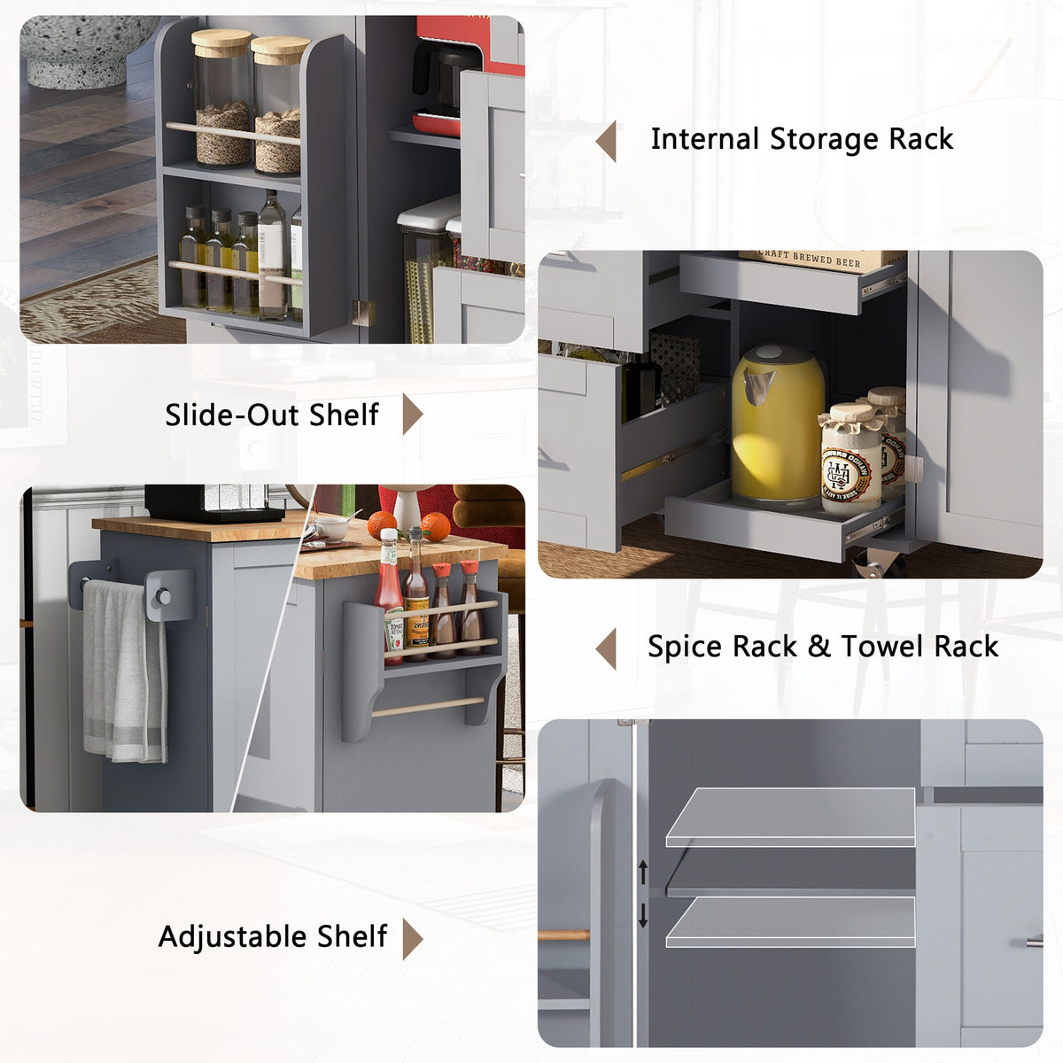 K&K Rolling Kitchen Island with Storage, Kitchen Cart with Rubber Wood Top, 3 Drawer, 2 Slide-Out Shelf and Internal Storage Rack, Kitchen Island on Wheels with Spice Rack & Tower Rack, Grey Blue WF316599AAG-djyc