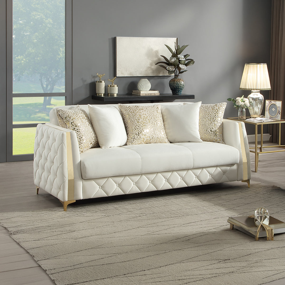 Lippa Upholstered Sofa in Off White Fabric with Gold Stainless Steel Legs, Foam Cushioning and Sturdy Wood Frame-B009S02230