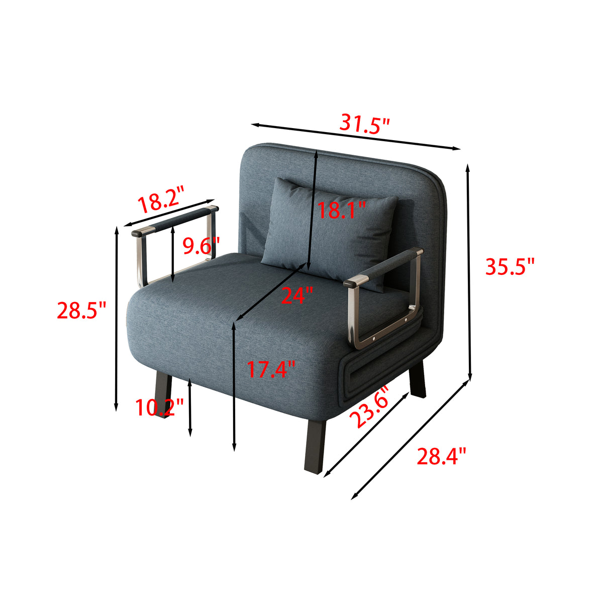 31.5″ Convertible Chair Bed, Tri-Fold Sofa Bed with Adjustable Backrest & Pillow, Leisure Chaise Lounge Couch with Sturdy Steel Frame for Home & Office, Comfortable Sleeper Chair W1767106626-djyc