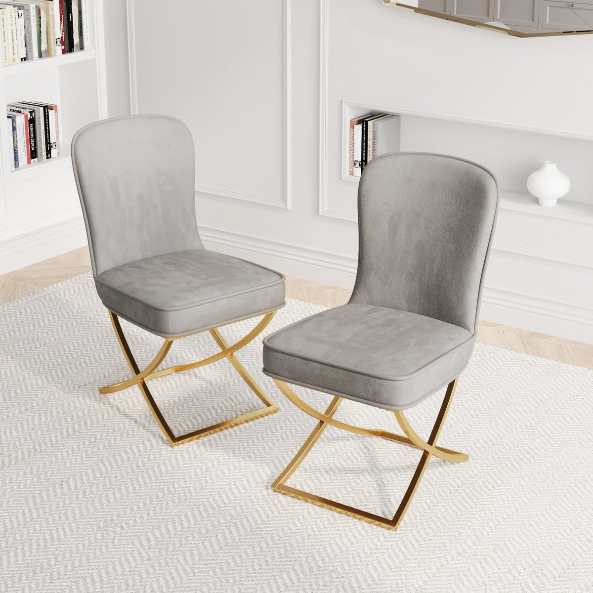 Dining Chair Set of 2, grey velvet Backrest and golden Metal legs.For Modern Kitchen Dining Room Chair for Kitchen Living Modern decorative Leisure chairs Office chairs W1727P195279-djyc