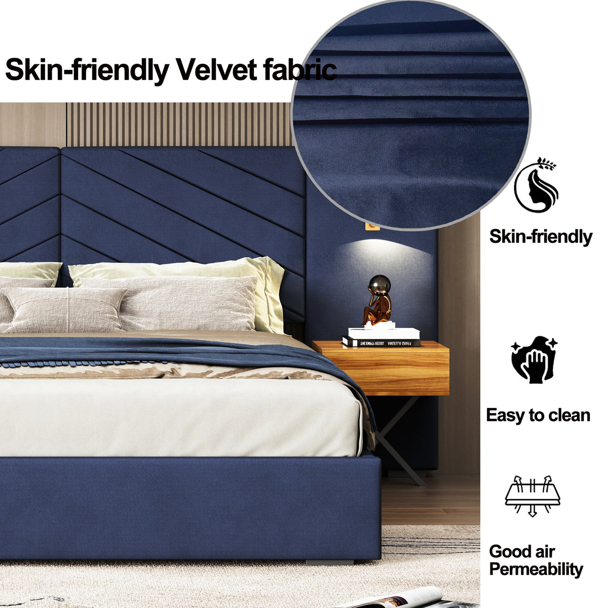 King Size Velvet Bed Frame/Vertical Channel Tufted Wingback Headboard/Upholstered Platform Bed/Strong Wooden Slats/No Box Spring Needed/Easy AssemblyRoyal blue W1793S00005-djyc