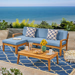 Teak-Finished Lourdes 5-Piece Outdoor Sectional Sofa Set – Acacia Wood Frame, Water-Resistant Blue Cushions, Includes Ottoman & Coffee Table 63702.00BLU-djyc
