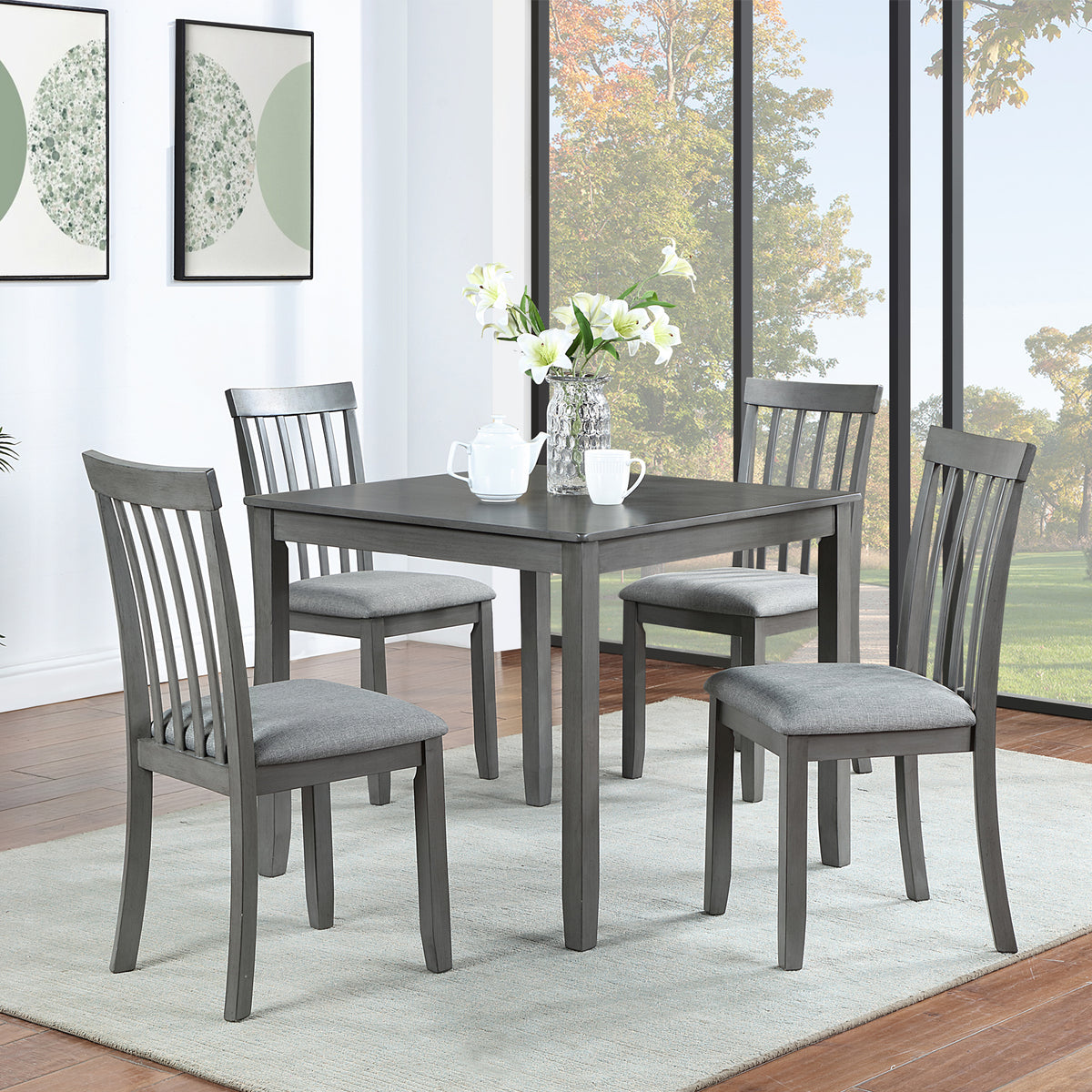 5 Piece Modern Dining Set, Square Wooden Dining Table with 4 Upholstered Chairs for Kitchen, Dining Room, Gray W1998S00022-djyc