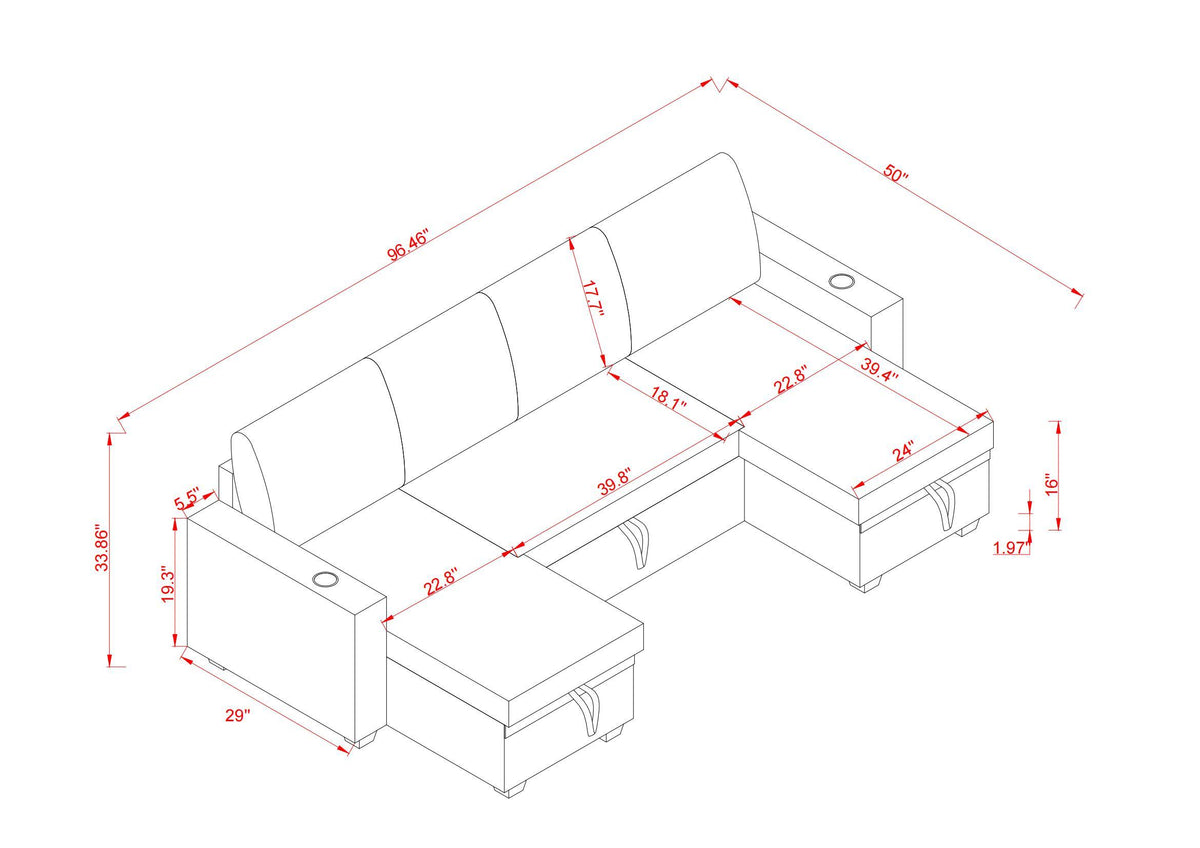 Sectional Sofa with Storage, 96" U Shaped Sectional Couches for Living Room, Comfy Convertible Sectional Sofa- Dark Grey W1669S00008-djyc