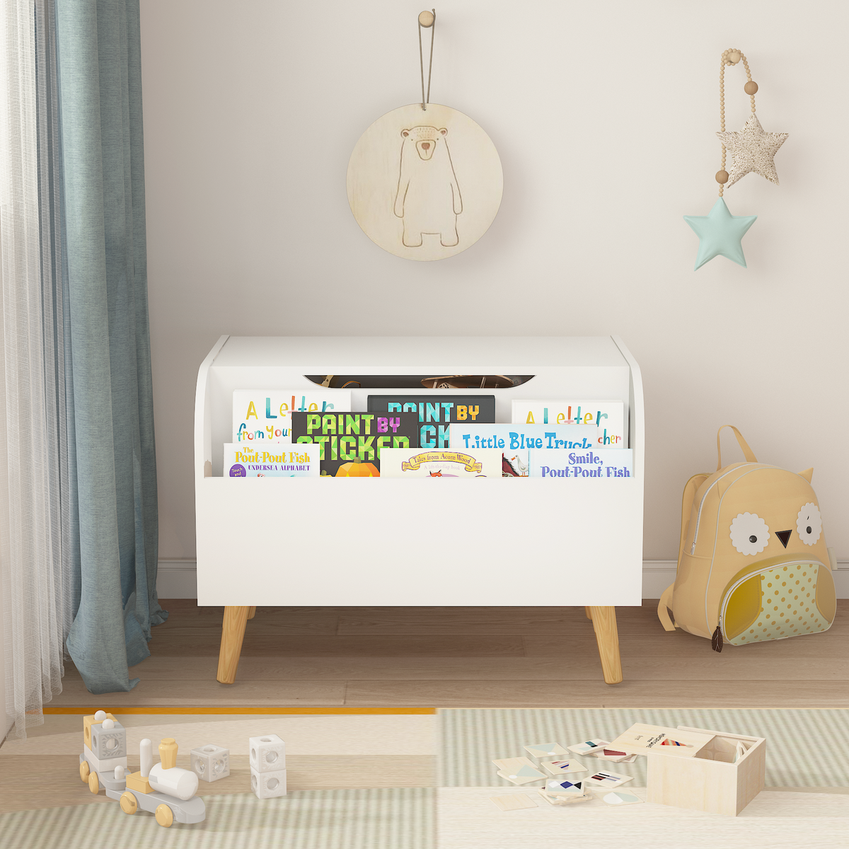 Wooden Toy Box, Kids Toy Storage Organizer with Front Bookshelf, Flip-Top Lid, Safety Hinge, Boys Girls Toy Chest Bench for Playroom Kids Room Organization (White) W808127560-djyc