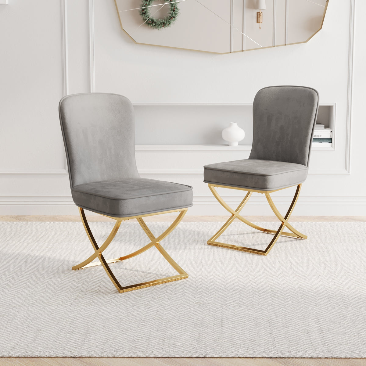 Dining Chair Set of 2, grey velvet Backrest and golden Metal legs.For Modern Kitchen Dining Room Chair for Kitchen Living Modern decorative Leisure chairs Office chairs W1727P195279-djyc