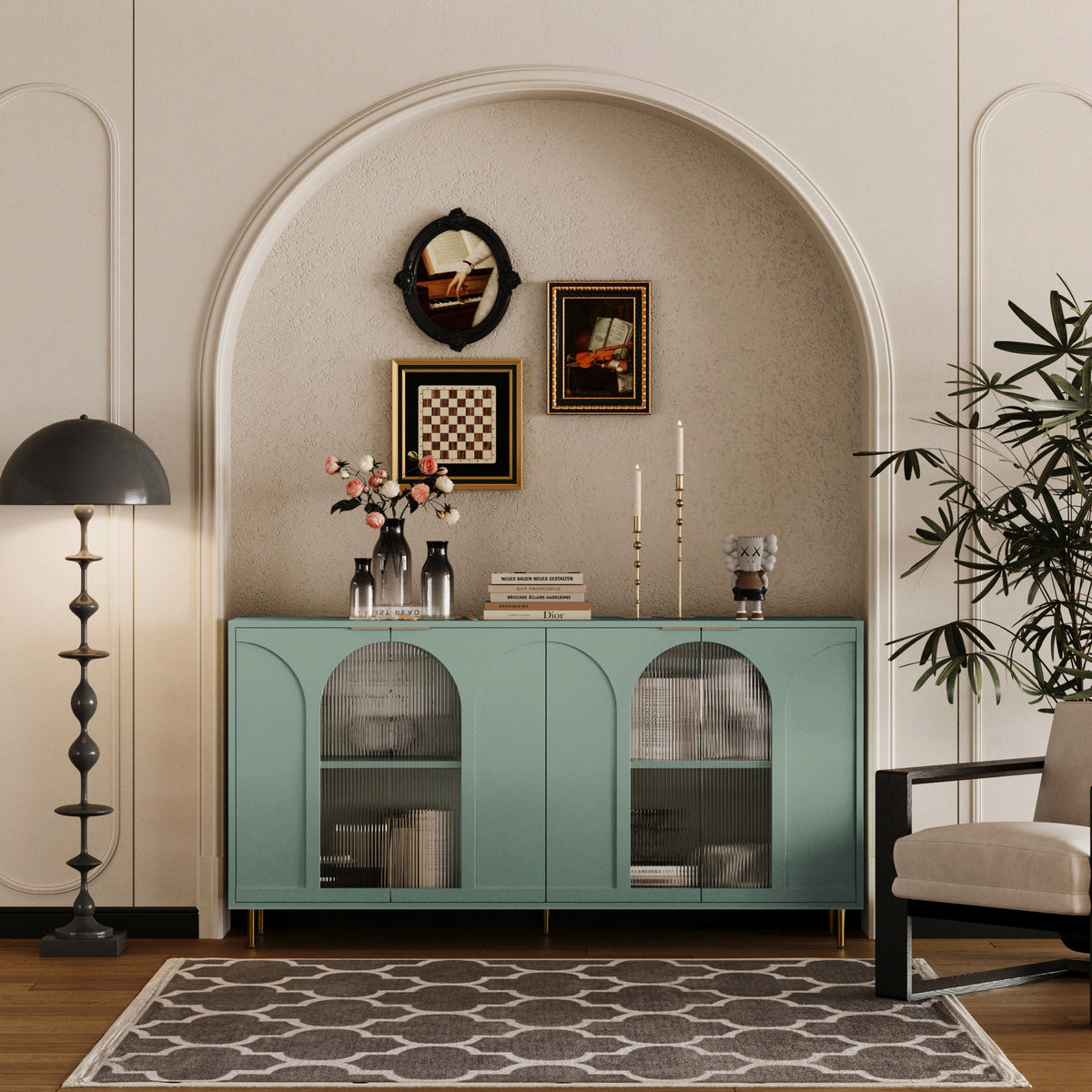 Accent Cabinet Lacquered Wooden Cabinet with 4 Glass Doors Sideboard Buffet Server Cabinet Storage Cabinet, for Living Room, Entryway, Hallway, Office, Kitchen and Dining Room, Mint Green W1435P170161-djyc