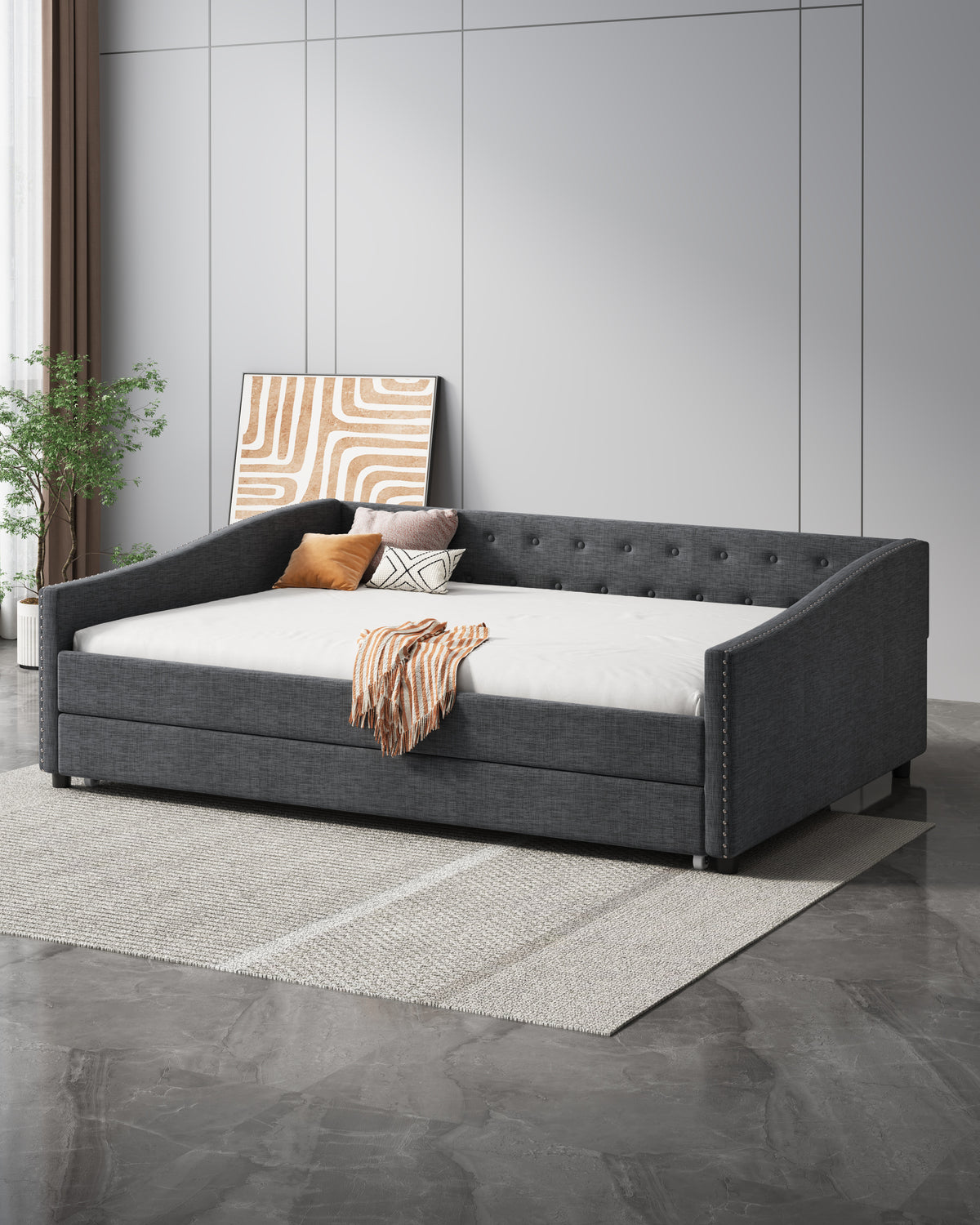 Full Size Daybed with Twin Size Trundle Upholstered Tufted Sofa Bed, with Button on Back and Copper Nail on Waved Shape Arms-Dark Grey W2336S00010-djyc