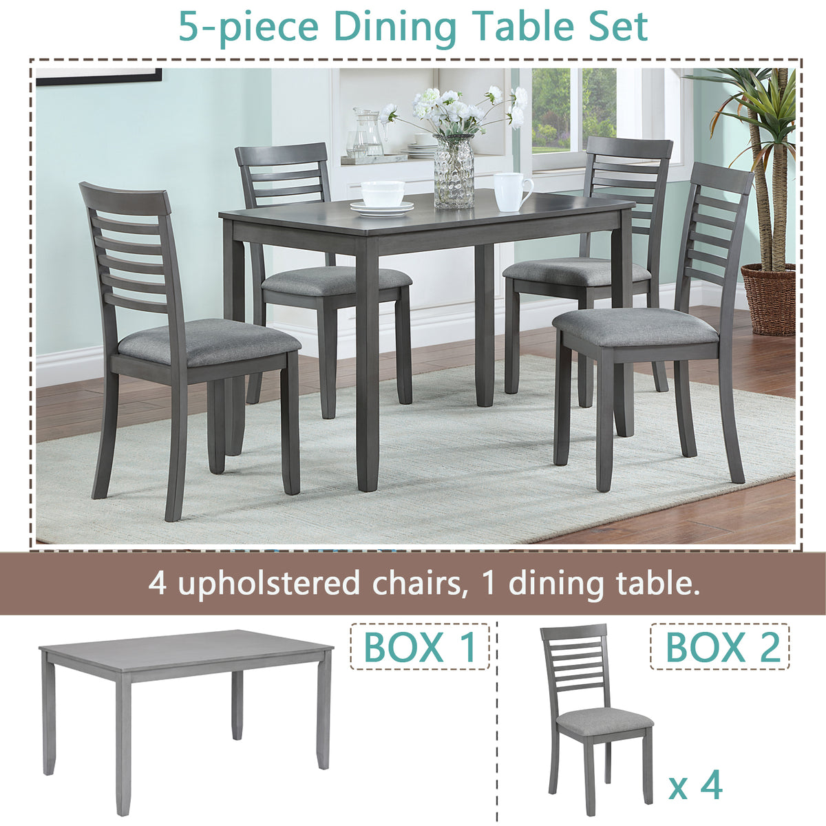 5 Piece Modern Dining Set, Rectangular Wooden Dining Table with 4 Upholstered Chairs for Kitchen, Dining Room, Gray W1998S00013-djyc