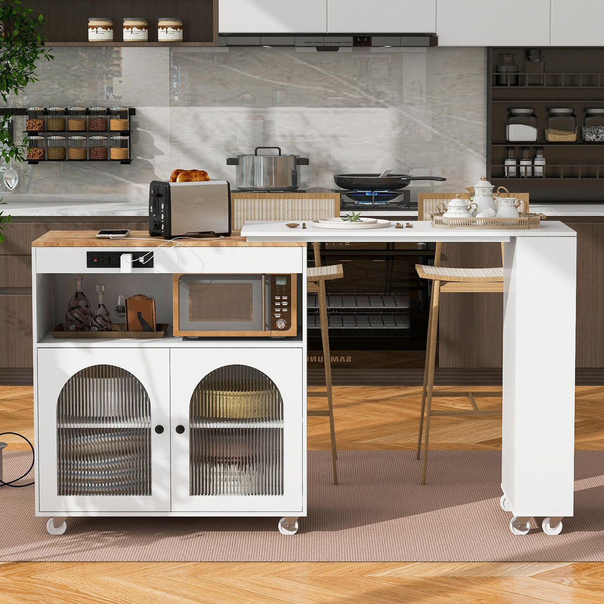 K&K Rolling Kitchen Island With Extended Table, Kitchen island on Wheels with LED Lights,Power Outlets and 2 Fluted Glass Doors, Kitchen Island with a Storage Compartment and Side 3 Open Shelves,White WF316018AAW-djyc