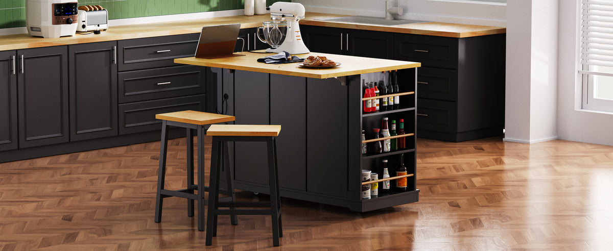 K&K 53inch Large Kitchen Island with 2 Bar Stools, Power Outlet,Door Internal Storage Rack, Kitchen Storage Cart on 5 Wheels with Drop Leaf, 5 Open Side Racks, 3 Drawers, for Kitchen,Dining Room,Black N707S000007B-djyc