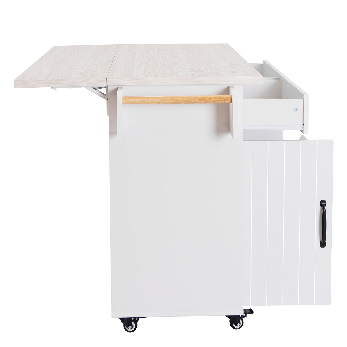 K&K Kitchen Island with Trash Can Storage Cabinet, Kitchen Cart with Drop Leaf, Spice Rack, Towel Rack and Drawer, Rolling Kitchen Island on Wheels with Adjustable Shelf, White WF326381AAW-djyc