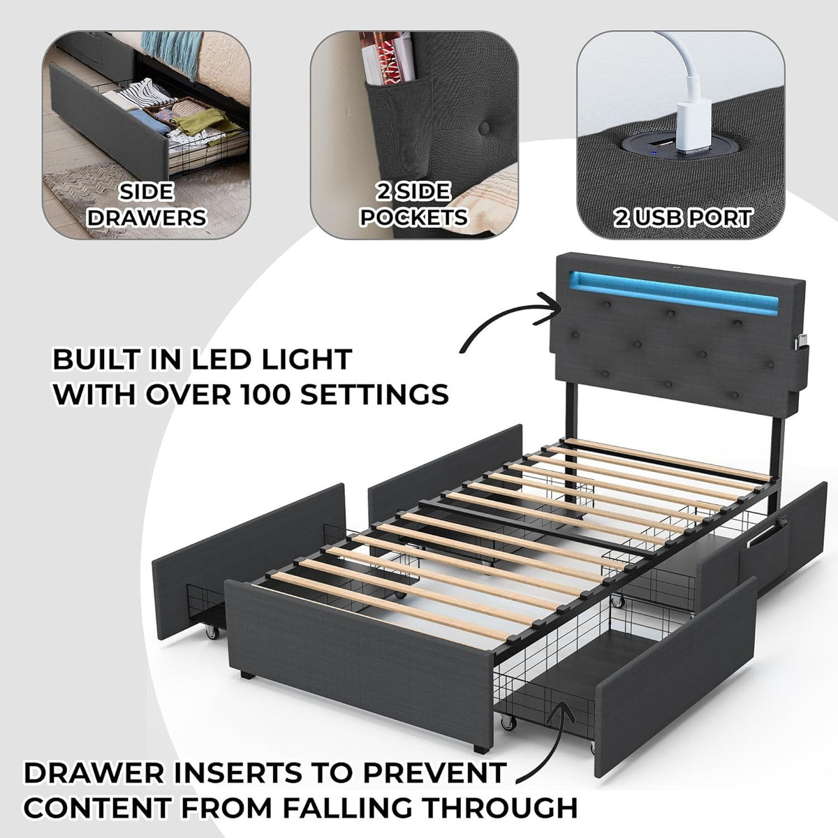 Twin Bed Frame with USB Charging Station & LED Lights, Twin Bed Frame with Headboard & 4 Storage Drawers, D W1960P175562-djyc