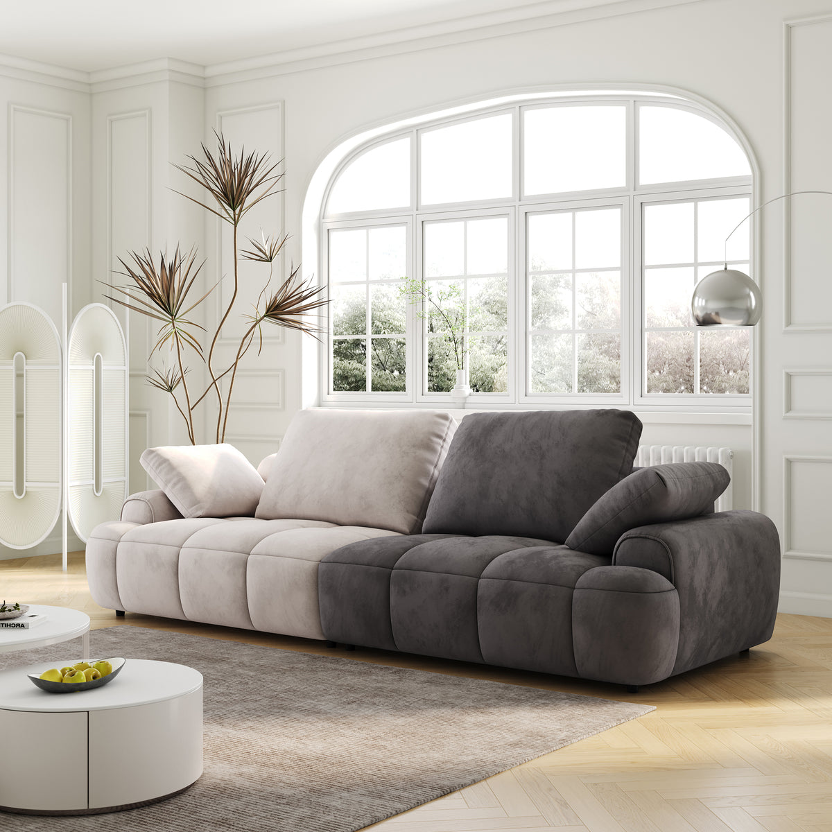 86.6″ Large size two Seat Sofa,Modern Upholstered,Beige paired with grey suede fabric W1767S00002-djyc