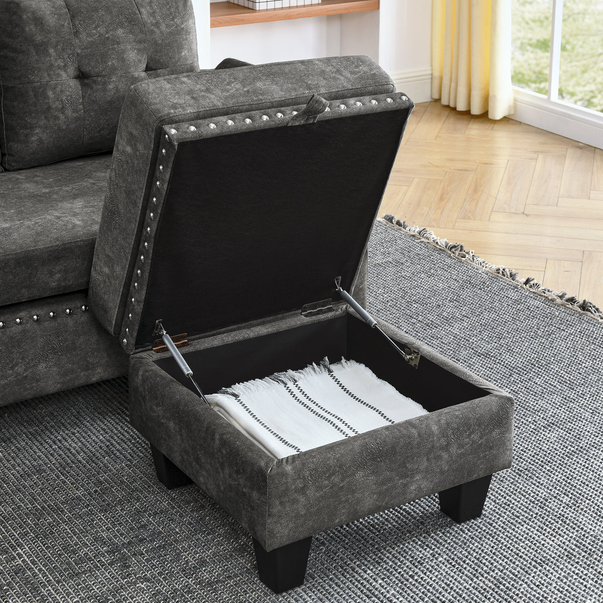 Sectional 3-Seaters Sofa ,Double-sided multi-functional footstool, storage mat , Non-slip leg, two pillows, Velvet, Dark grey W487S00236-djyc