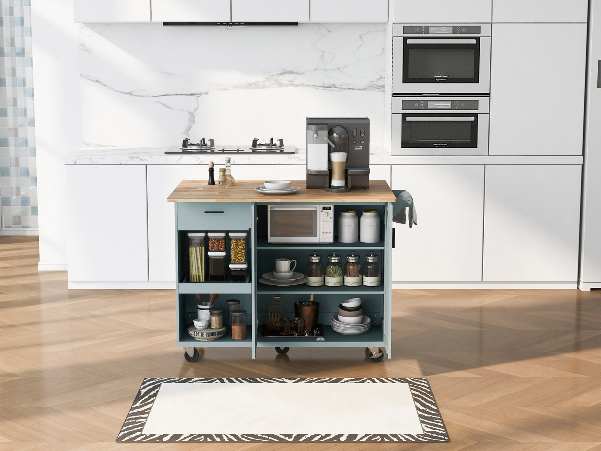 K&K Kitchen Island with Foldable Counter Top, Kitchen Storage Cart with Slide-Out Shelf, Towel Rack and Drawer, Rolling Kitchen Cart on Wheels, for Kitchen, Living Room, Dining Room, Grey Blue N707P173036G-djyc