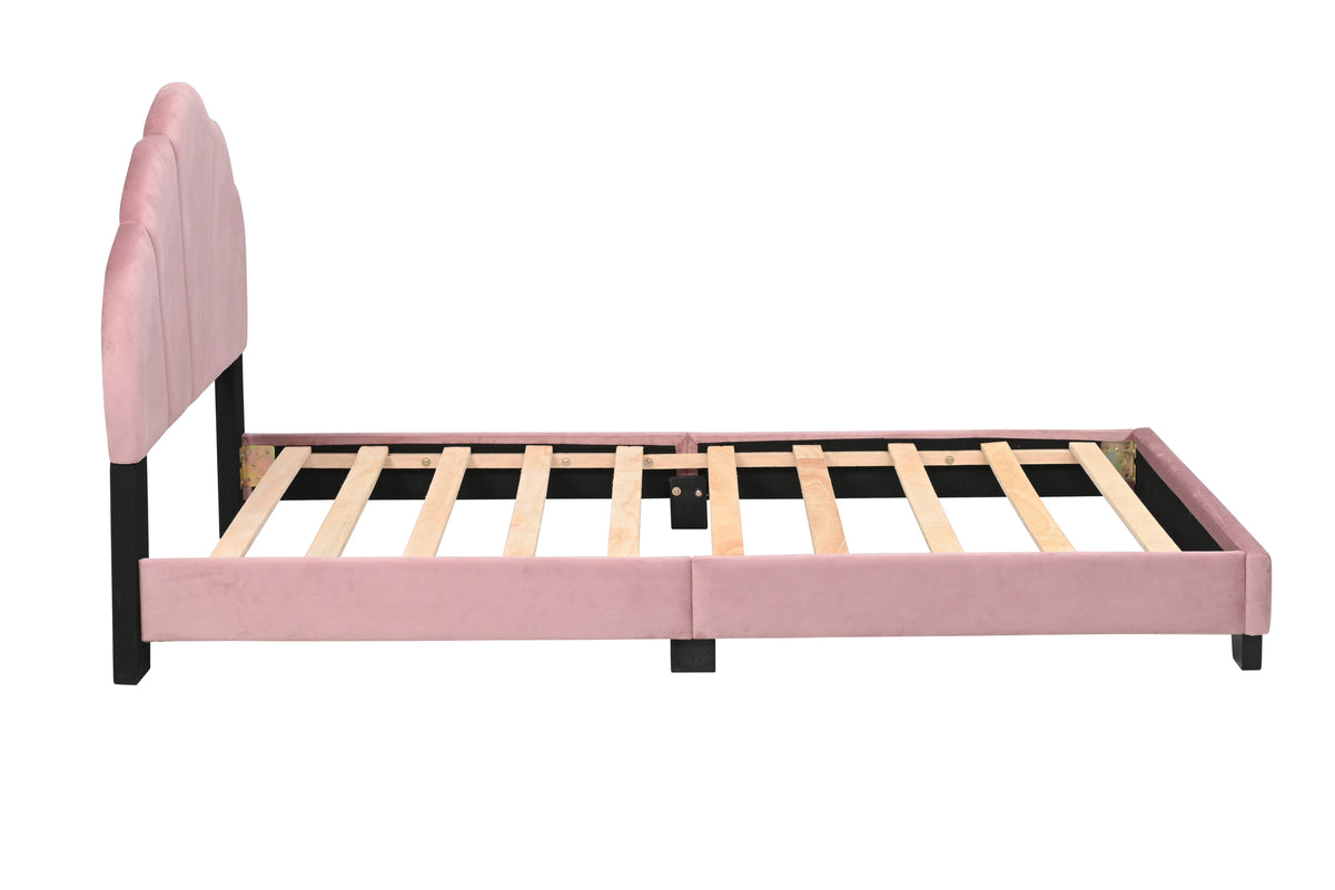 Upholstered Twin Size Platform Bed for Kids, Wooden Bed Frame with Slatted Bed Base, No Box Spring Needed, Cute Bed Frame with Shell Design Headboard for Girls Boys Teens, Pink W1998124486-djyc