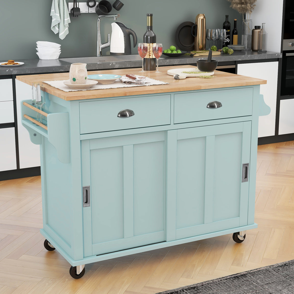 Kitchen Cart with Rubber wood Drop-Leaf Countertop, Concealed sliding barn door adjustable height,Kitchen Island on 4 Wheels with Storage Cabinet and 2 Drawers,L52.2xW30.5xH36.6 inch, Mint Green SK000001AAE-djyc